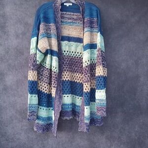 Striped Open Crochet Knit Open Front Cardigan Sweater Lagenlook Boho Sz. XL
